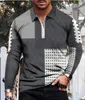 Men's Polos Men's casual spring/summer long sleeved Men's zippered T-shirt Geometric patchwork printed top Street golf suit 230412