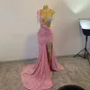 Sexy Sequin Pink Mermaid Prom Dresses Cutaway Sides Split Evening Gowns Beading Tassel Black Girls Graduation Party Dress