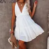 Abiti casual Sexy Scollo a V profondo Cinturino per spaghetti Vestito estivo per donna Estate senza maniche Cuciture bianche Pizzo Vita alta Copricostume Mini Dre