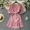 Women Basic Casual Dresses New Vintage Summer V Neck Crochet Flower Lace Dress Fashion Women Rose Red Puff Sleeve Hollow Out Embroidery Belt Mini Vestidos 2024