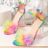 Sandals Summer Women's PVC Crystal Chunky Heels Feather Decoration Peep Toe Back Strap Elastic Band Elegant Fashion Shoes Ladies