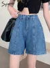 Damen Shorts Syiwidii Denim Shorts Damen High Waist Jeans Retro Street Kostüm Patches Mode Lose Taschen High Street Blue Shorts 230412