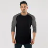 Herren T-Shirts Herbst Herrenmode Dreiviertel Ärmel Fitness T-Shirt Herren Solide Patchwork Oansatz Gym Male Slim Fit T-Shirt