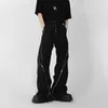 남자 바지 houzhou 디자인 지퍼 슬릿 남성 바지 기술복 직선 튜브 캐주얼 검은 넓은 다리 다리 다리 어두운웨어 남성 스트리트웨어 힙합