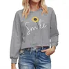 Felpe con cappuccio da donna Autunno a maniche lunghe con coulisse Lettere sorridenti Felpa con stampa girasole Pullover allentato casual Crop Top