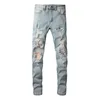 Men Cracked Patch Stretch Denim Jeans Holes Ripped Patchwork Pants Streetwear Light Blue Skinny Tapered Trousers