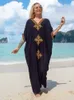 Women's Swimwear EDOLYNSA Elegant Gold Embroidered Kaftan Retro Robe V-neck White Dress Plus Size Women Summer Beach Swimsuit Cover Up Q1373 230412