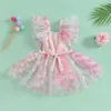 Abiti da ragazza Princess Born Baby Girls Summer Dress Colletto quadrato Manica corta Backless Tie-up Farfalla/Pots Tulle Festa di compleanno