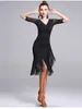 Stage Wear Classic Black Sheer Mesh Mid-Sleeve V-Neck Design Women's Latin Dance Performance Costume Tassel Dress Sizes From S To XXL