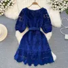 Women Basic Casual Dresses New Vintage Summer V Neck Crochet Flower Lace Dress Fashion Women Rose Red Puff Sleeve Hollow Out Embroidery Belt Mini Vestidos 2024