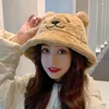 Berets Koreanische Mode Winter Bär Ohren Eimer Hut Frauen Trendy Weiche Korallen Fleece Samt Mädchen Niedlichen Cartoon Pelzigen Warme Fischer