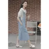 Casual Dresses Blue Denim Rem kjol Kvinna 2023 Summer Style Korean Loose Brodered Dress Long Bohemian