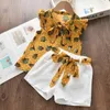 Kleidungssets Mädchenkleidungsset Sommer Ärmelloses T-Shirt und Bedruckte Schleifenshorts für Mädchen Kinder Kinder 3 5 7 Jahre 230412