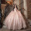 Rose Gold Sparkly Crystal Appliques Bow Quinceanera Dresses Ball Gown Off The Shoulder Beading Sweet Vestidos De 15 Girls 2024