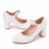 White Lace Lady Party Shoes 3 Inches Square Heel Bridesmaid Shoes Bekväm rundtå Bröllop Kvinnliga pumpar Ankelremmar