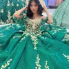 Grön glänsande av axel blommig quinceanera klänning guld blommig applikation snörning fest klänning vestidos de 15 quinceanera älskling bollklänning