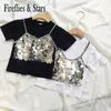 Tshirts Summer Girls T Baby Tee Kids Tops Crianças Roupas de moda Bling Strap Patch Fake Two 2 a 9 anos 230412