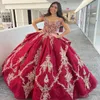 Rode Mexi Baljurk Quinceanera Jurken Luxe Gouden Applicaties Kralen Off Schouder Sweet 16 Jurk Lace-Up Vestidos De 15 Anos