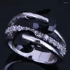 Cluster Rings Stylish Heart Shaped Round Black Cubic Zirconia White CZ Silver Plated Ring V0465