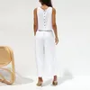 Women's Two Piece Pants Women Cotton Linen Casual Vest Sleeveless Buttoned Shirt Double Pockets Wide Leg Cropped White Set Summer Outfits