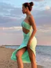 Casual Kleider Sexy Eine Schulter Rückenfrei Ärmelloses Grünes Midikleid Frauen 2023 Sommermode Ausgeschnitten Split Geraffte Beach Party Club