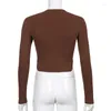 Blouses Femmes S-XL Femmes Découpé Chemise Crop Tops Mode Col Rond Bouton Connecté Manches Longues Marron Pour Le Printemps