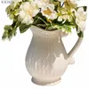 Vases Creative Striped White Kettle Vase Flower Arrangement Desktop Decoration Ceramic Milk Jug Flower Vase Art Living Room Decoration P230411