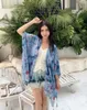 Camicette da donna Cappotto con stampa floreale tintura indaco Loose Lady Batwing Ampia mezza manica con nappe Copricostume da spiaggia stile etnico Cowboy Design