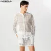 Survêtements pour hommes 2023 Hommes Ensembles Dentelle Mesh Sexy Solide Chemise à manches longues Shorts Deux pièces Streetwear Transparent Costumes de mode Incerun