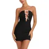 Casual Dresses Women s Lace Mini Dress Off Shoulder Strapleless Tie-up Front BodyCon Slim Fit Going Out Party Club