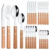 Dinnerware Sets Durtens Stainless Steel 16/24Pcs Cutlery Set Wood Handle Flatware Knife Fork Spoon Tableware Party Kitchen Silverware