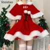 Basic Casual Dresses Autumn Winter Cute Christmas Red Shawl Dress Women Sweet Plush Patchwork Drawstring Party Mini Dress Female Kawaii Cloak Vestido 231110