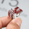 Bandringar Boho Plant Leaf Red Ring Silver Color Marquise Cut Zircon Stone Rings for Women Kvinna Vintage Cocktail Ring Party Jewelry AA230412