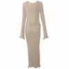 Freizeitkleider Damen Rüschen Langarm Rückenfrei Stricken Party Enges Kleid Herbst Winter Einfarbig Figurbetont Schwarz/Weiß/Khaki