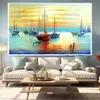Modern Seascape Wall Art Oil Painting on Canvas Sunsent Boat Decorative Picture for Study Room Home Decor Hand Painted No Frames