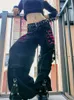 女子ジーンズの女性ゴシックチェーン包帯ワイドレッグパンツ女性特大の低い上昇暗いアカデミックズボンストリートウェア90年代バギーパンツパンクスタイル230412