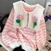 Kvinnors tröjor hsa kawaii sol 3d blommig tecknad tryck tröja o nacke långärmad randig fleece pullover koreanska chic söta kvinnor