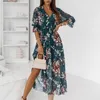 Two Piece Dres Sexy Side Slit Elegant Ruffle Sleeves Printing Holiday Beach es Vestidos Summer VNeck Lace Up Sundress es 230412