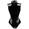 Sexy Set Double Zipper Open Crotch Leather Jumpsuit For Women Erotic Below Crotchless Bodysuit Glossy Shaping Latex Lingerie 230411