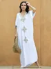 Women's Swimwear EDOLYNSA Elegant Gold Embroidered Kaftan Retro Robe V-neck White Dress Plus Size Women Summer Beach Swimsuit Cover Up Q1373 230412