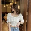 Женские блузки летние женщины твердые ретро -повязки дизайн Slim Sexy Crop Tops Fashion Korean Style Ladies Elegant Blouse колледжа