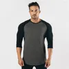 Herren T-Shirts Herbst Herrenmode Dreiviertel Ärmel Fitness T-Shirt Herren Solide Patchwork Oansatz Gym Male Slim Fit T-Shirt