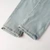 Men Cracked Patch Stretch Denim Jeans Holes Ripped Patchwork Pants Streetwear Light Blue Skinny Tapered Trousers