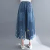 Women's Pants Women Summer 2023 Art Embroidery Seven-Point Wide-Leg Skirt Casual All-Match Elastic Waist Tie Vintage Baggy Jeans Female