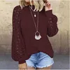 Camisetas femininas Pulloves elegantes brancos Women Women Winter Winter Vintage Hollow Out O pescoço Solid Lace Manga Longa Tops Casual Camiseta feminina