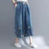 Women's Pants Women Summer 2023 Art Embroidery Seven-Point Wide-Leg Skirt Casual All-Match Elastic Waist Tie Vintage Baggy Jeans Female