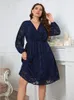 Plus Size Dresses V Neck Long See Through Sleeve Lace Patchwork High Elastic Waist A Line Casual Event Party Gowns Outfits 4XL