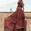 캐주얼 드레스 여성 빈티지 플로럴 프린트 분할 긴 드레스 2023 짧은 슬리브 파티 숙녀 가을 패션 버튼 맥시