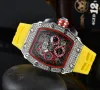 6 needle luxury new men's quality diamond quartz watch hollow out glass back cover stainless steel case watch black rubber