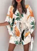 Dames badmode zomer casual trekking tie-up mini losse jurk mode print batwing mouw strandjurk sexy button v nek dames feest coverup 230412